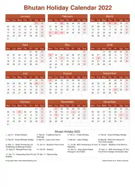 Calendar Horizintal Grid Mon Sun Bhutan Holiday Earth Portrait 2022