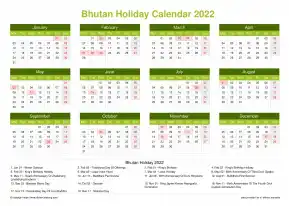 Calendar Horizintal Grid Mon Sun Bhutan Holiday Natural Landscape 2022