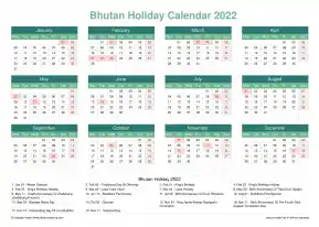 Calendar Horizintal Grid Mon Sun Bhutan Holiday Watery Blue Landscape 2022
