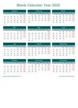 Calendar Horizintal Grid Mon Sun Blank Calendar Cool Blue Portrait 2022