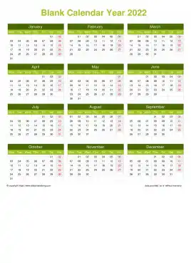 Calendar Horizintal Grid Mon Sun Blank Calendar Natural Portrait 2022