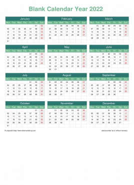 Calendar Horizintal Grid Mon Sun Blank Calendar Watery Blue Portrait 2022