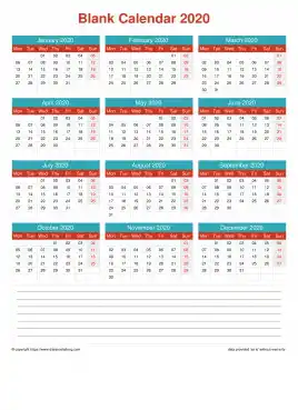 Calendar Horizintal Grid Mon Sun Blank With Note Bottom Cheerful Bright Portrait 2020
