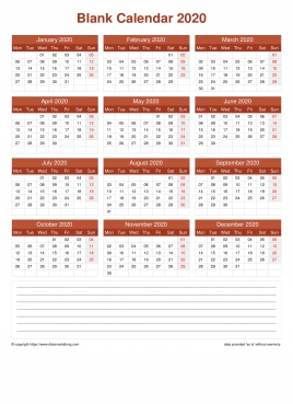 Calendar Horizintal Grid Mon Sun Blank With Note Bottom Earthy Portrait 2020