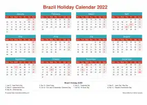 Calendar Horizintal Grid Mon Sun Brazil Holiday Cheerful Bright Landscape 2022