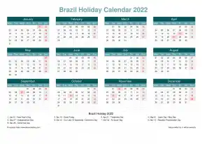 Calendar Horizintal Grid Mon Sun Brazil Holiday Cool Blue Landscape 2022