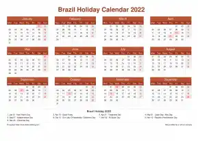 Calendar Horizintal Grid Mon Sun Brazil Holiday Earth Landscape 2022