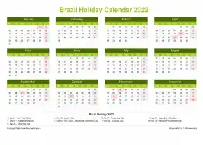 Calendar Horizintal Grid Mon Sun Brazil Holiday Natural Landscape 2022