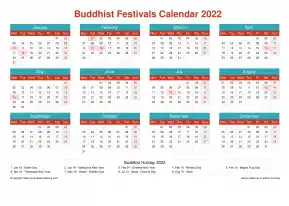 Calendar Horizintal Grid Mon Sun Buddhist Holiday A4 Landscape Cheerful Bright 2022