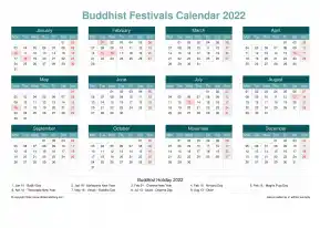 Calendar Horizintal Grid Mon Sun Buddhist Holiday A4 Landscape Cool Blue 2022