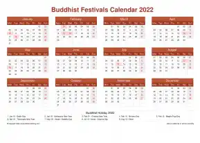 Calendar Horizintal Grid Mon Sun Buddhist Holiday A4 Landscape Earth 2022