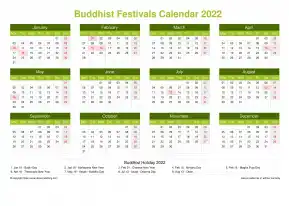 Calendar Horizintal Grid Mon Sun Buddhist Holiday A4 Landscape Natural 2022