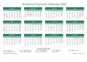 Calendar Horizintal Grid Mon Sun Buddhist Holiday A4 Landscape Watery Blue 2022