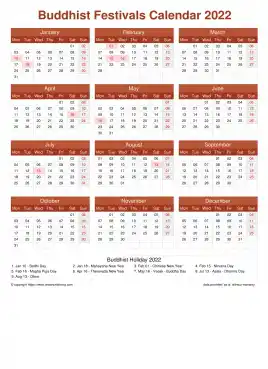 Calendar Horizintal Grid Mon Sun Buddhist Holiday A4 Portrait Earth 2022
