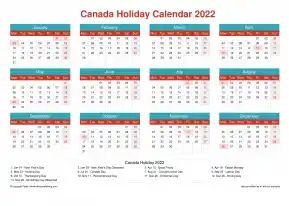 Calendar Horizintal Grid Mon Sun Canada Holiday Cheerful Bright Landscape 2022