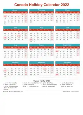 Calendar Horizintal Grid Mon Sun Canada Holiday Cheerful Bright Portrait 2022