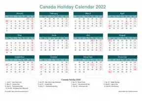 Calendar Horizintal Grid Mon Sun Canada Holiday Cool Blue Landscape 2022