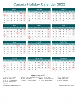 Calendar Horizintal Grid Mon Sun Canada Holiday Cool Blue Portrait 2022