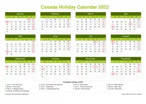 Calendar Horizintal Grid Mon Sun Canada Holiday Natural Landscape 2022