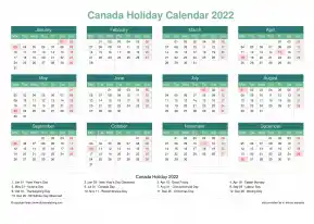 Calendar Horizintal Grid Mon Sun Canada Holiday Watery Blue Landscape 2022