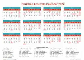 Calendar Horizintal Grid Mon Sun Christian Holiday A4 Landscape Cheerful Bright 2022
