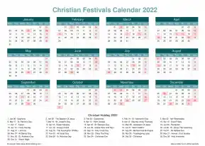 Calendar Horizintal Grid Mon Sun Christian Holiday A4 Landscape Cool Blue 2022