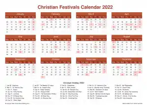 Calendar Horizintal Grid Mon Sun Christian Holiday A4 Landscape Earth 2022