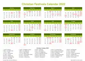 Calendar Horizintal Grid Mon Sun Christian Holiday A4 Landscape Natural 2022