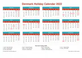Calendar Horizintal Grid Mon Sun Denmark Holiday Cheerful Bright Landscape 2022