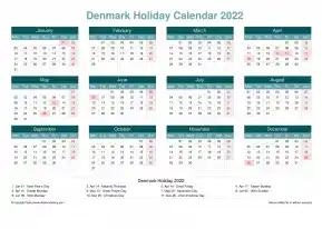 Calendar Horizintal Grid Mon Sun Denmark Holiday Cool Blue Landscape 2022