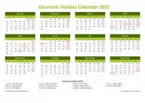Calendar Horizintal Grid Mon Sun Denmark Holiday Natural Landscape 2022