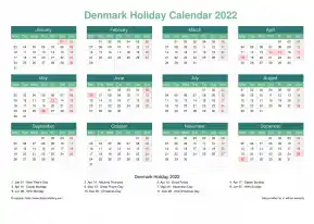 Calendar Horizintal Grid Mon Sun Denmark Holiday Watery Blue Landscape 2022