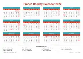 Calendar Horizintal Grid Mon Sun France Holiday Cheerful Bright Landscape 2022