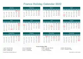 Calendar Horizintal Grid Mon Sun France Holiday Cool Blue Landscape 2022