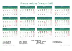 Calendar Horizintal Grid Mon Sun France Holiday Watery Blue Landscape 2022
