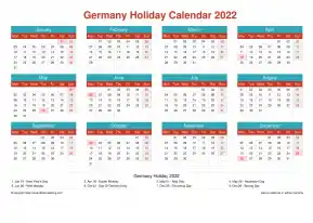 Calendar Horizintal Grid Mon Sun Germany Holiday Cheerful Bright Landscape 2022