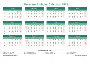 Calendar Horizintal Grid Mon Sun Germany Holiday Watery Blue Landscape 2022
