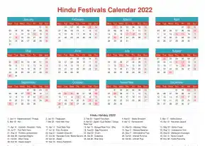 Calendar Horizintal Grid Mon Sun Hindu Holiday A4 Landscape Cheerful Bright 2022