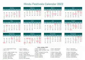 Calendar Horizintal Grid Mon Sun Hindu Holiday A4 Landscape Cool Blue 2022