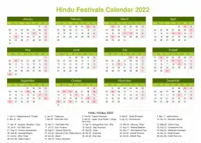 Calendar Horizintal Grid Mon Sun Hindu Holiday A4 Landscape Natural 2022