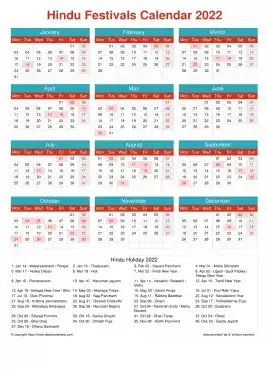 Calendar Horizintal Grid Mon Sun Hindu Holiday A4 Portrait Cheerful Bright 2022