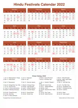 Calendar Horizintal Grid Mon Sun Hindu Holiday A4 Portrait Earth 2022