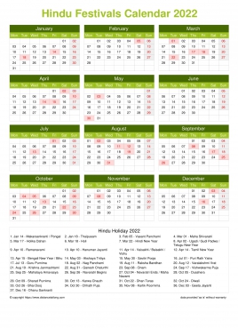 Calendar Horizintal Grid Mon Sun Hindu Holiday A4 Portrait Natural 2022