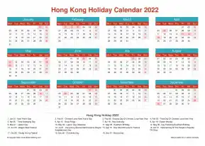 Calendar Horizintal Grid Mon Sun Hong Kong Holiday Cheerful Bright Landscape 2022
