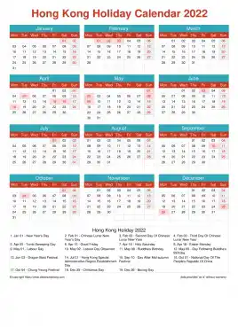 Calendar Horizintal Grid Mon Sun Hong Kong Holiday Cheerful Bright Portrait 2022