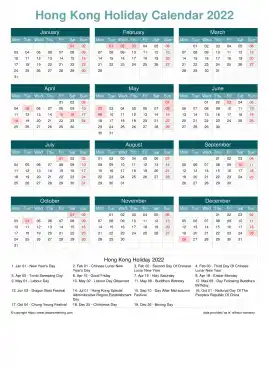 Calendar Horizintal Grid Mon Sun Hong Kong Holiday Cool Blue Portrait 2022