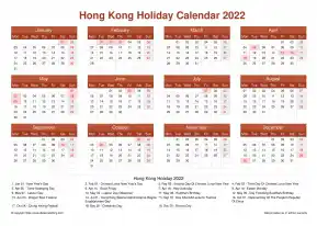 Calendar Horizintal Grid Mon Sun Hong Kong Holiday Earth Landscape 2022