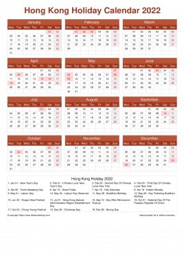 Calendar Horizintal Grid Mon Sun Hong Kong Holiday Earth Portrait 2022