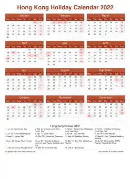 Calendar Horizintal Grid Mon Sun Hong Kong Holiday Earth Portrait 2022