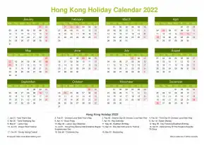 Calendar Horizintal Grid Mon Sun Hong Kong Holiday Natural Landscape 2022